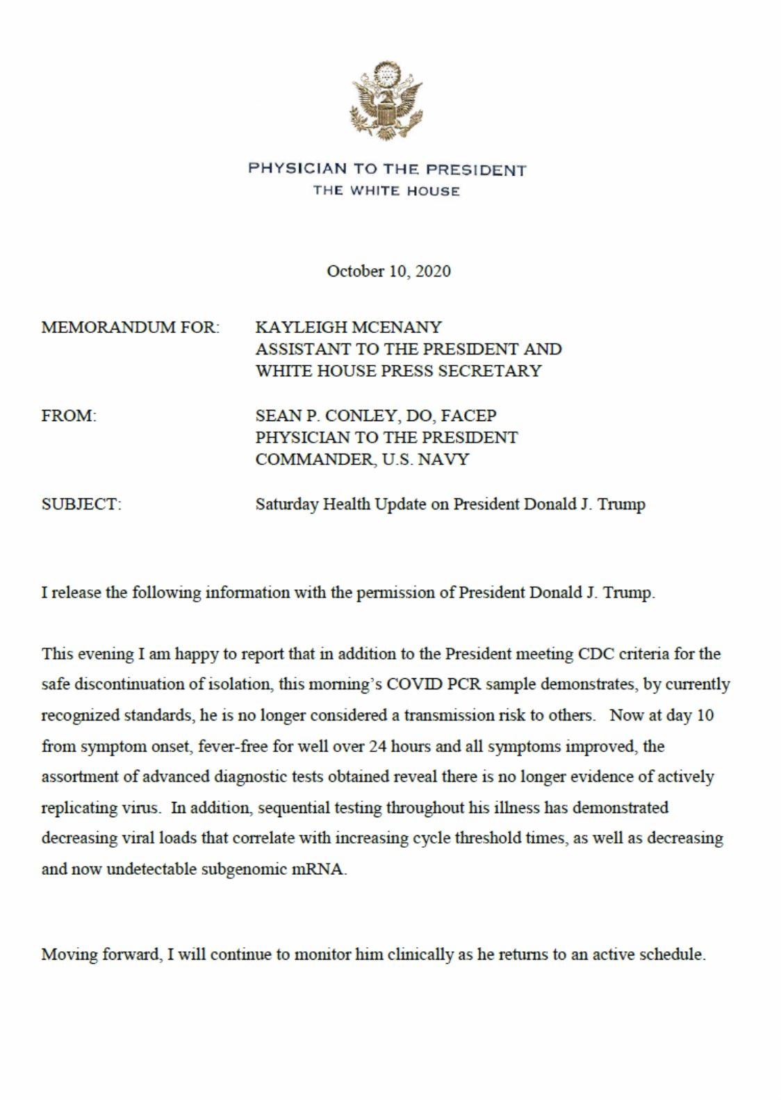 White House Doctor Says Trump No Longer At Risk Of
Transmitting The Coronavirus 1