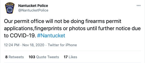 Police Department stops accepting firearm permit
applications due to COVID-19 1