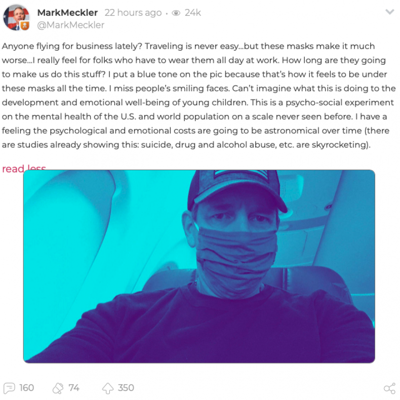 Parler's Interim CEO Mark Meckler Bashes Mask Wearing As
'Psycho-Social Experiment' 1