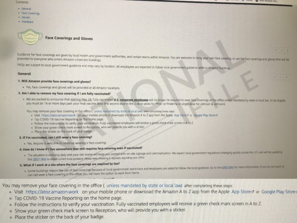 EXCLUSIVE: Amazon Employees Must Brand Themselves With
Special Vaccine Sticker To Stop Wearing Face Masks – Leaked
Photos 1