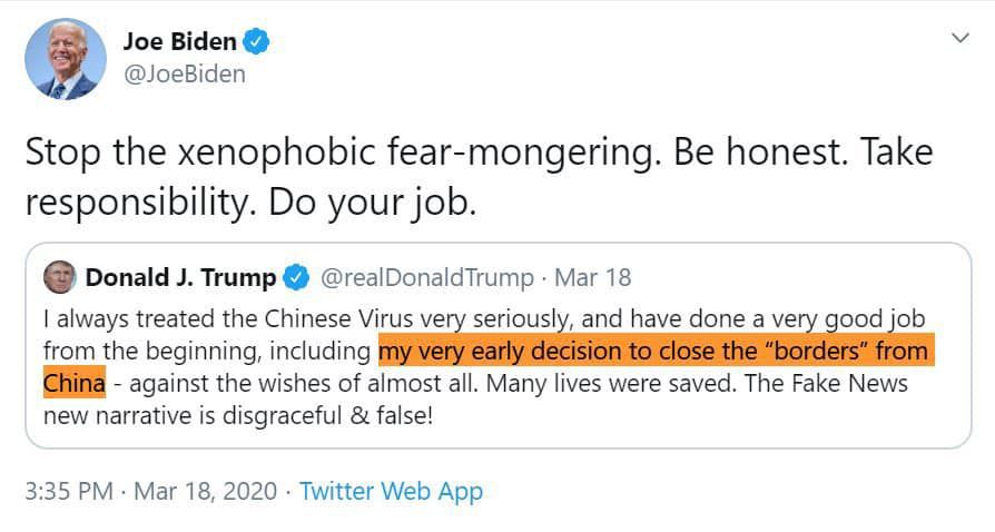 Joe Biden, Who Called Trump a 'Xenophobe' for China Travel
Ban, Bans Travel from India but Leaves U.S.-Mexico Border Wide
Open 1