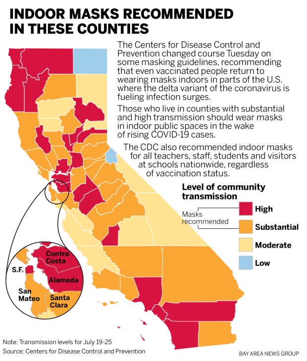 Map: California counties where the CDC urges indoor COVID
mask use by everyone 1