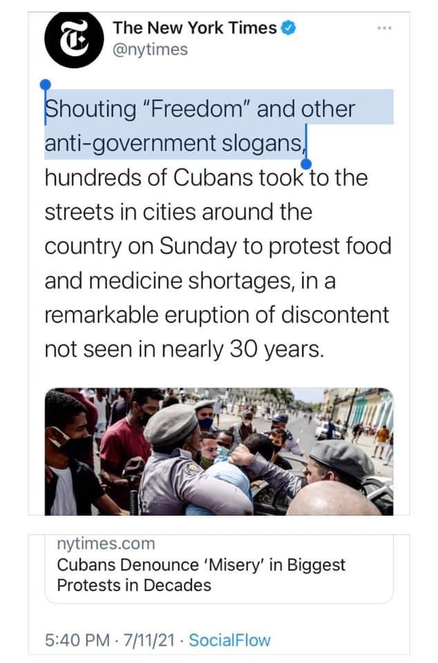 Thousands Protest for Freedom in Communist Cuba. The New
York Times' Framing Would Please Stalin. 1