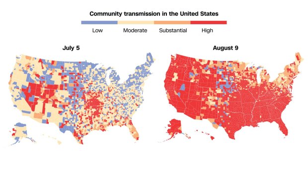 More than 98% of US residents live in an area with ‘high’ or
‘substantial’ risk of COVID-19 transmission, up from 19% a month
ago 1