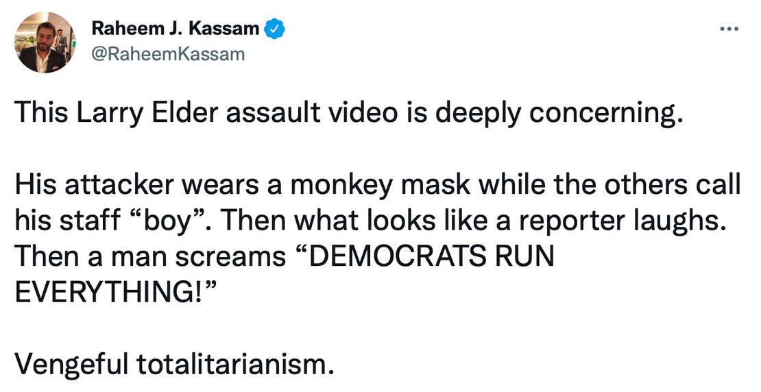 Disturbing: Woman in Gorilla Mask Hurls Eggs, Obscenities at
Black GOP Candidate Larry Elder as Reporter Laughs 1