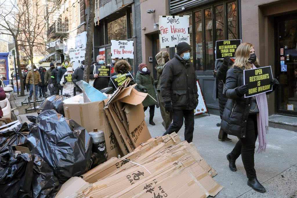 NYC protesters rally in Greenwich Village against outdoor
dining sheds 1