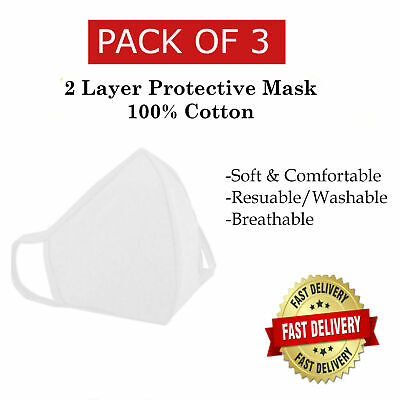 3 Pack / PCS Face Mask Reusable Washable Unisex 100% Cotton WHITE Breathable