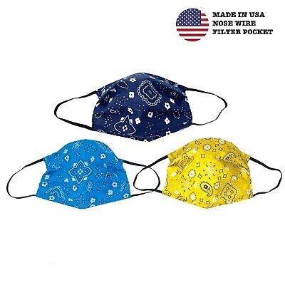 3pcs Handmade Bandana Face Mask with filter pocket and nose wire/ USA