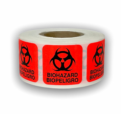 Biohazard / Biopeligro Hazardous Warning Stickers (1"x1") 500 Adhesive Labels