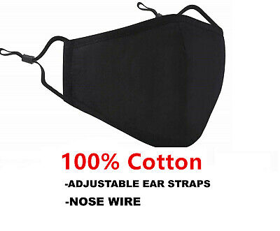 Black 100% Cotton Adjustable Face Mask Unisex Reusable Washable