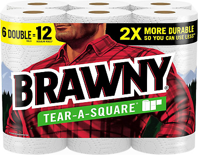 Brawny Tear-A-Square Paper Towels, 6 Double Rolls = 12 Regular Rolls, 3 Sheet Si
