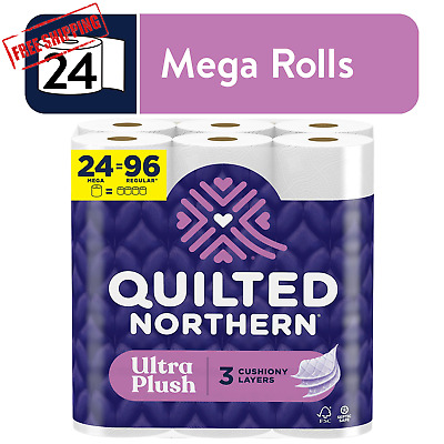 24 Mega = 96 REGULAR ROLLS 3Ply Quilted Northern Ultra Plush Toilet Paper