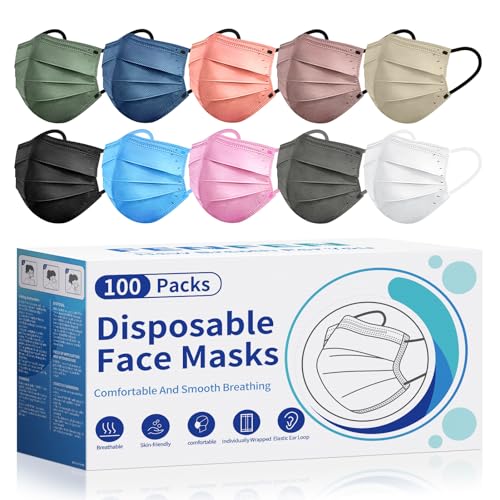 Disposable Face Mask Adults Colors - 100 Pack Individually Wrapped,4 Ply Protection Face Masks,Colored Facemask Disposable,Breathable and Comfortable Safety Masks for Women & Men