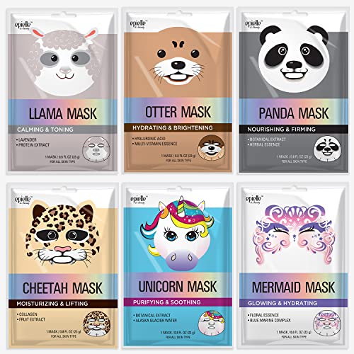 Epielle Animal Character Sheet Masks | Korean Spa Masks for All Skin Types | Face Mask, Spa Gifts, Birthday Party Gifts, Girls' Night, Skincare Party | Assorted 6 Pack | Korean Skincare