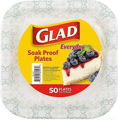 Glad Square Disposable Paper Plates with Gray Victorian Print|Soak Proof 50 Ct