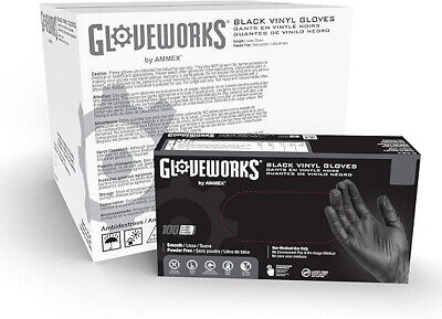 GLOVEWORKS Vinyl Gloves CASE OF 10 PACKS, Black MEDIUM Latex and Nitrile Free