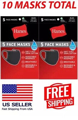 Hanes 100% Cotton Fabric Reusable Face Mask Washable Comfortable 10 Masks BLACK