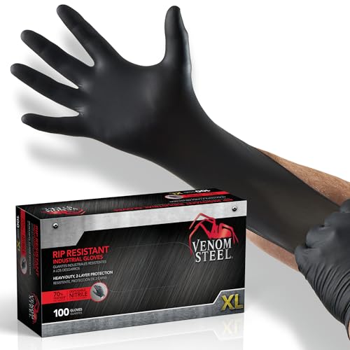 Venom Steel Industrial Nitrile Gloves, Chemical Resistant Disposable Black Gloves, Latex-Free, Powder-Free, Textured Grip, Heavy Duty Two-Layer Protection, 6 mil, XL, 100 Count