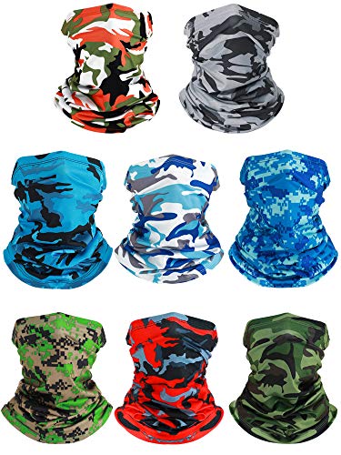 8 Pcs Summer Camo Neck Gaiter Scarf Bandanas for Men Sun Hoods Balaclava Cooling Breathable Face Mask Outdoor Sports (Camo Style, Camouflage Color)