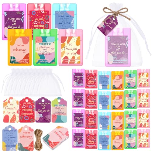 Frienda 24 Sets Hand Sanitizer Spray Bulk Thank You Hand Sanitizer Travel Size with Motivational Cards Organza Bags Pocket Spray Bottle Appreciation Gifts Set for Women Mothers Day Nurse Week