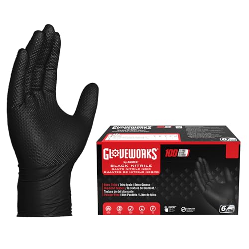 GLOVEWORKS HD Black Nitrile Industrial Disposable Gloves, 6 Mil, Latex-Free, Raised Diamond Texture, Large, Box of 100