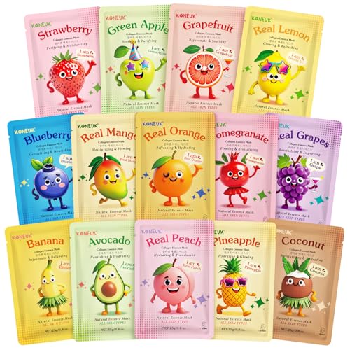 KONEUK 14 Pack Fruit Face Masks Skincare for Kids, Sheet Hydrating Facial Mask for All Skin Types, Bulk Collagen Face Mask for Women Skin Care, Birthday Party Spa Gifts for Teens Girls