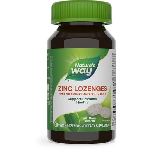 Nature's Way Zinc Lozenges with Vitamin C & Echinacea, Immune Support*, 23 mg of Zinc & 100 mg of Vitamin C per Serving, Wild Berry Flavored, 60 Lozenges (Packaging May Vary)