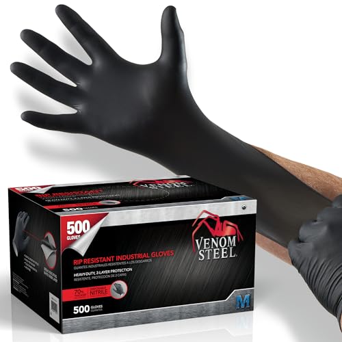 Venom Steel Industrial Nitrile Gloves, Chemical Resistant Disposable Black Gloves, Latex-Free, Powder-Free, Textured Grip, Heavy Duty Two-Layer Protection, 6 mil, Medium (Pack of 500)