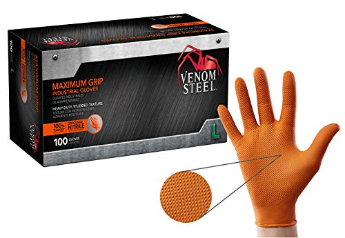 Venom Steel Orange Nitrile Gloves, 8 mil Thick, Large, 100 Count, Maximum Grip Textured Disposable Gloves, Puncture and Rip Resistant, Hi-Visibility Orange, One Size Fits Most