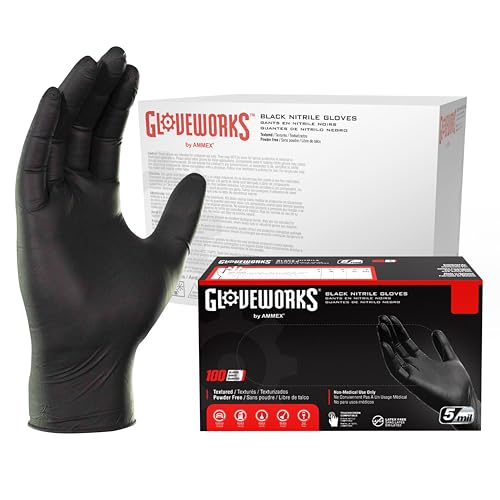 GLOVEWORKS Black Disposable Nitrile Industrial Gloves, 5 Mil, Latex & Powder-Free, Food-Safe, Textured, X-Large, Case of 1000