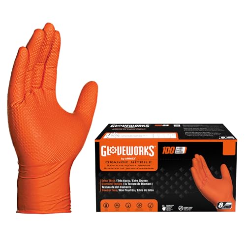 GLOVEWORKS HD Orange Nitrile Industrial Disposable Gloves, 8 Mil, Latex-Free, Raised Diamond Texture, Large, Box of 100