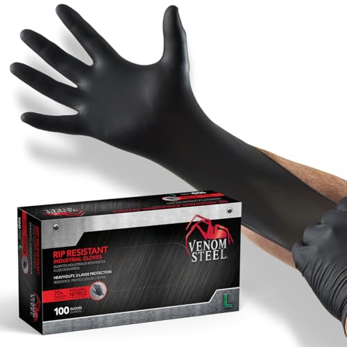 Venom Steel Industrial Nitrile Gloves, Chemical Resistant Disposable Black Gloves, Latex-Free, Powder-Free, Textured Grip, Heavy Duty Two-Layer Protection, 6 mil, Large, 100 Count